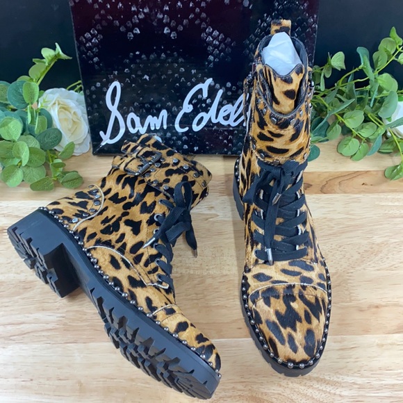 Sam Edelman Jennifer Leopard Print Calf Hair Lace Up Combat Boots 7M